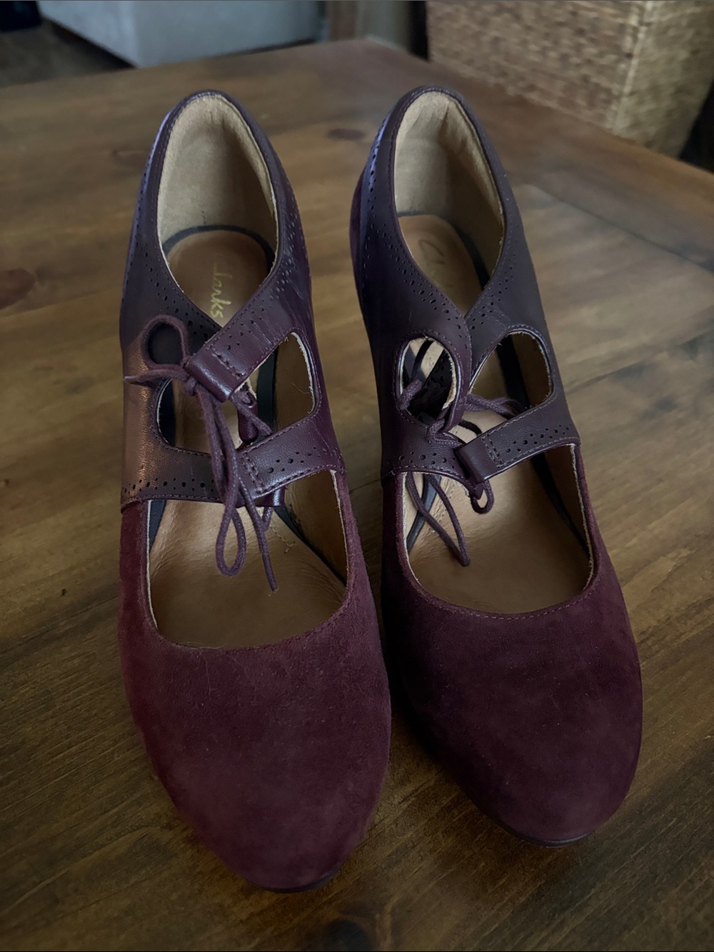 Clarks Women's Plum Two-Tone Suede & Leather Mary Jane Heels